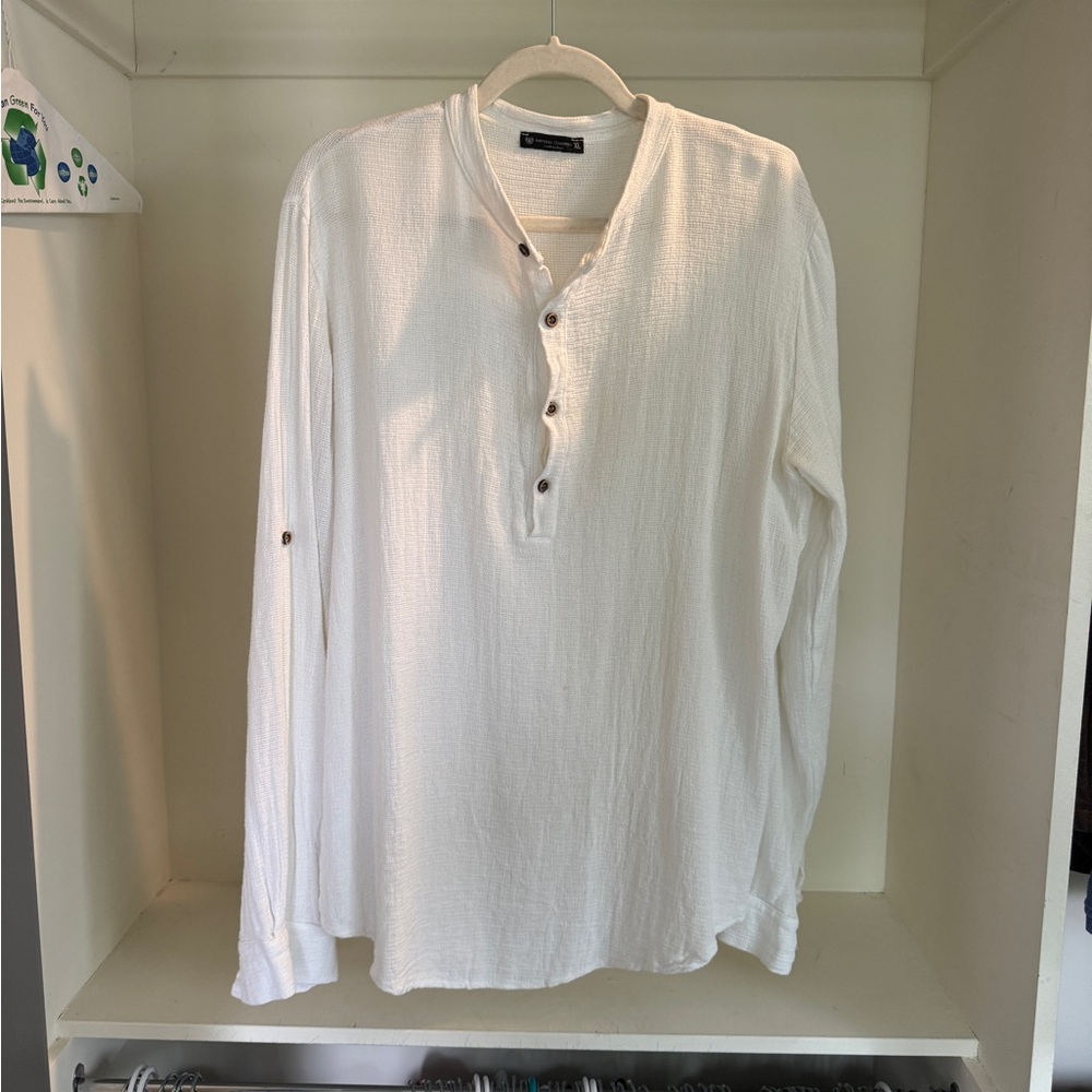 Imperio Corinto Band Collar Knit White Summer Shirt Size XL